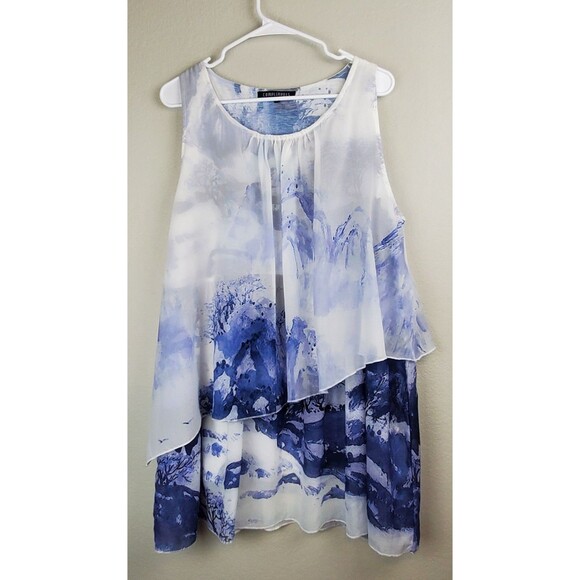 Compliments Size 1X Blue & White Tunic Sleeveless Tank - Picture 1 of 8